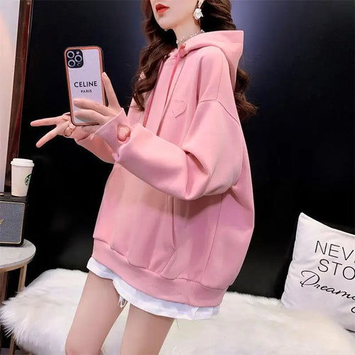 Load image into Gallery viewer, Heart Embroidery Hooded Pockets Sweatshirt Women Long Sleeve Tops Korean Office Loose Autumn Oversize Pullover Hoodie Ladies
