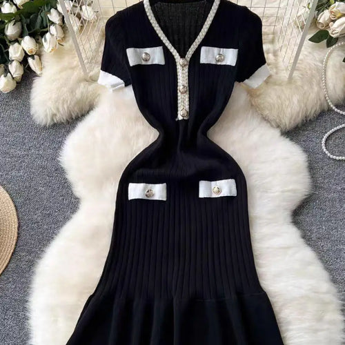 Load image into Gallery viewer, Summer Korean Patchwork V-neck Slim Ruffled Edge Pleated Short Sleeve Midi Dress Women Retro Festival Wrap Hip Knitted Dress Y2k
