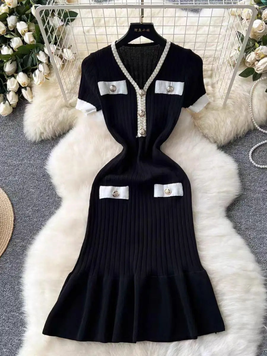 Summer Korean Patchwork V-neck Slim Ruffled Edge Pleated Short Sleeve Midi Dress Women Retro Festival Wrap Hip Knitted Dress Y2k