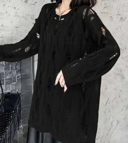 Brown Hollow Out Big Size Knitting Sweater Round Neck Long Sleeve Women Pullovers New Fashion Spring Autumn 2025 1DH6883