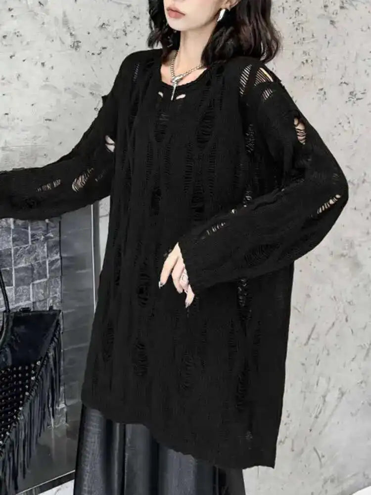 Brown Hollow Out Big Size Knitting Sweater Round Neck Long Sleeve Women Pullovers New Fashion Spring Autumn 2025 1DH6883