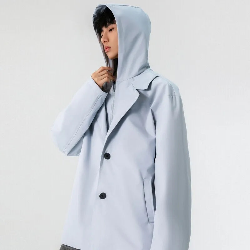 Male American Style Fake Two Piece Lapel Jackets Men's Hooded Casual Solid Color Stand Collar Loose Coats Menswear 9W1235