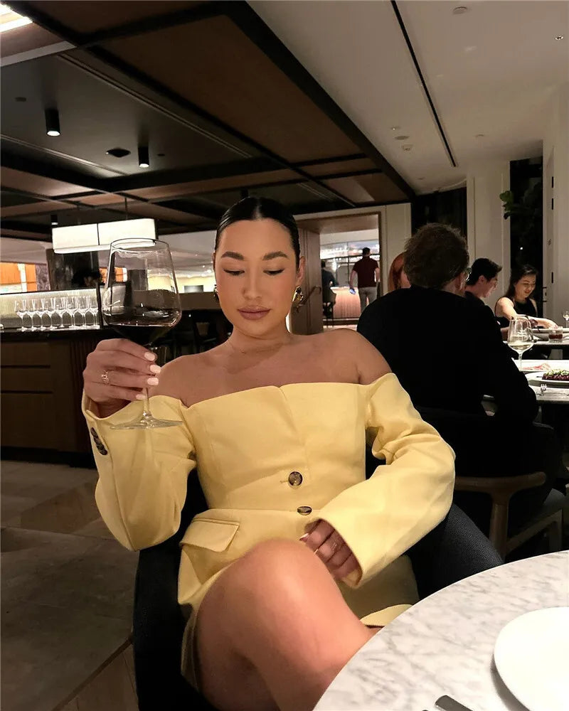 Off-shoulder Strapless Sexy Blazer Dress For Women Fashion Solid Zipper Two Pocket Long Sleeve Backless Mini Dress