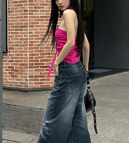 y2k Top Women Vest Summer Clothes Solid Color Sleeveless Backless Ruched Halter T Shirt 2000s Clothing Streetwear