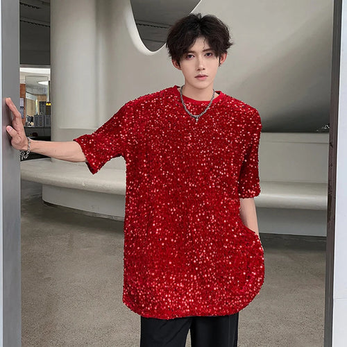 Load image into Gallery viewer, Men&#39;s T-shirt Short Sleeve Sequin Niche Design Stage Round Neck Summer Loose Male Top Pullover Temperament 9C5769
