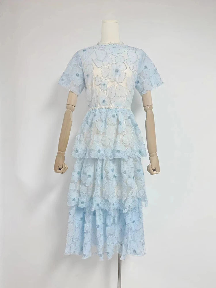 Hit Color Slimming Casual Elegant Dresses For Women O Neck Short Sleevehigh Waist Temperament Long Dress Female New