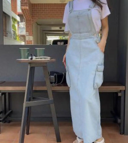 Women Blue Workwear Pocket Design Denim Straps Dress Spring Summer Sleeveless Straight Slip Long Jeans Dresses Female Vestidos