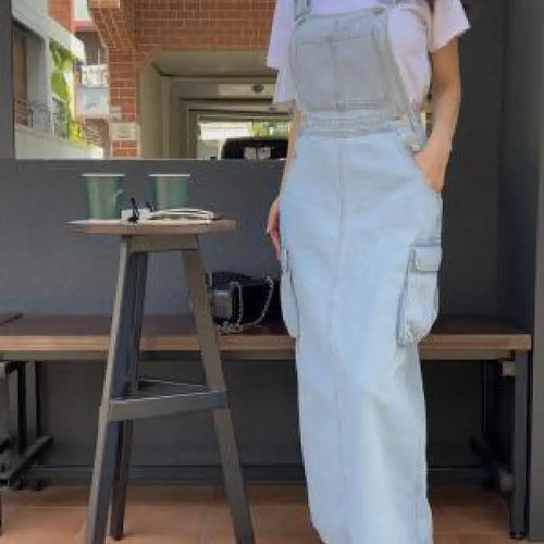 Load image into Gallery viewer, Women Blue Workwear Pocket Design Denim Straps Dress Spring Summer Sleeveless Straight Slip Long Jeans Dresses Female Vestidos

