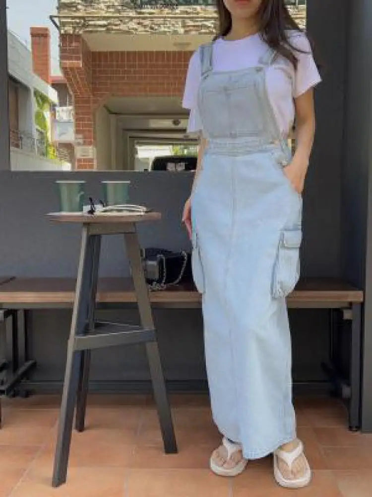 Women Blue Workwear Pocket Design Denim Straps Dress Spring Summer Sleeveless Straight Slip Long Jeans Dresses Female Vestidos