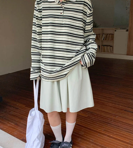 Women Green Striped Color-block Big Size Casual T-shirt New Lapel Long Sleeve Fashion Tide Spring Autumn 2025 1DJ0351