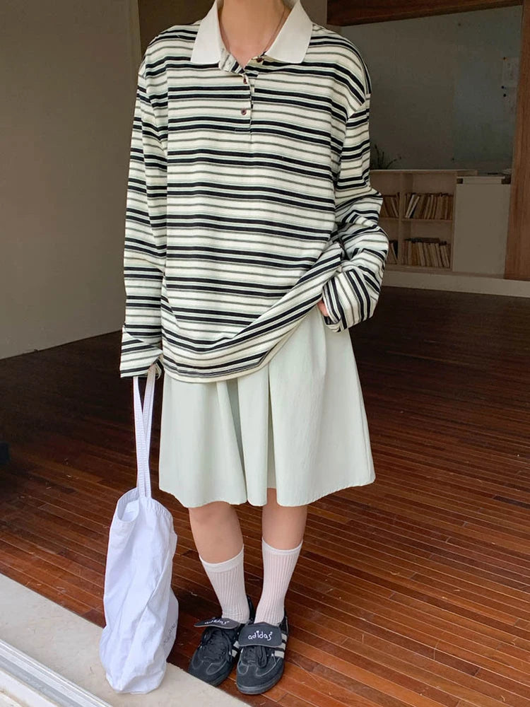 Women Green Striped Color-block Big Size Casual T-shirt New Lapel Long Sleeve Fashion Tide Spring Autumn 2025 1DJ0351