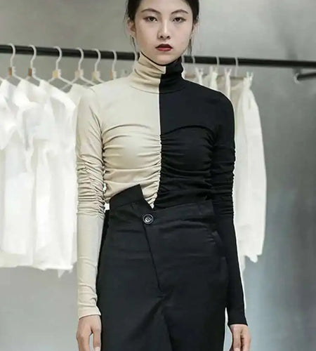 Women Black Contrast Color Temperament T-shirt New Turtleneck Long Sleeve  Fashion Tide  Spring Autumn 2025 1DA914