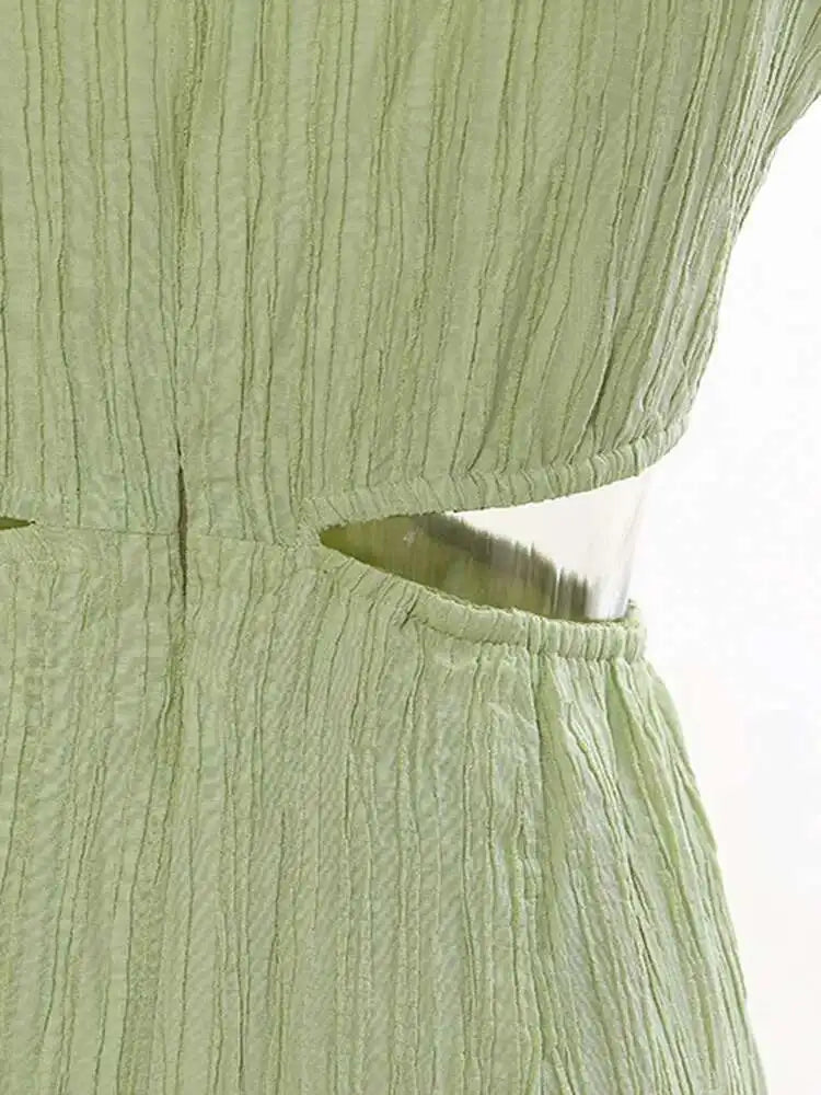 Women Green Waist Knot Cut-out Long Elegant Dress New Round Neck Sleeveless Loose Fit Fashion Spring Summer 2025 17A7128