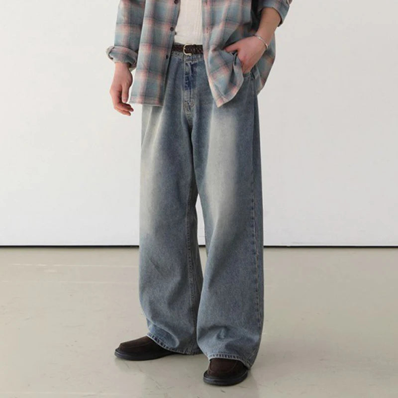 Korean Style Men's Denim Pants Worn-out Wshing Straight Casual Trousers Wide Leg Loose Solid Color Male Jeans 9C6909