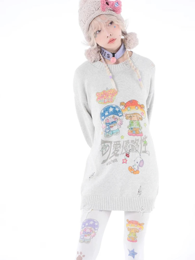 Y2k Aesthetic Cartoon Printing Harajuku Sweater Women Gothic Vintage Ripped Grunge Jumper Streetwear Oversize Hiphop Pullover