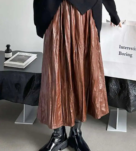 High Elastic Waist Coffee Pleated Midi Pu Leather Half-body Skirt Women Fashion Tide New Spring Autumn 2025 1DH1592