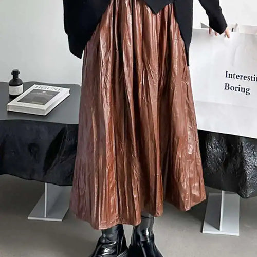 Load image into Gallery viewer, High Elastic Waist Coffee Pleated Midi Pu Leather Half-body Skirt Women Fashion Tide New Spring Autumn 2025 1DH1592
