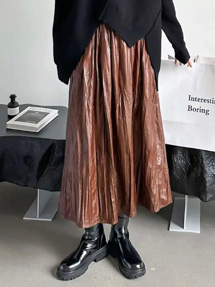 High Elastic Waist Coffee Pleated Midi Pu Leather Half-body Skirt Women Fashion Tide New Spring Autumn 2025 1DH1592
