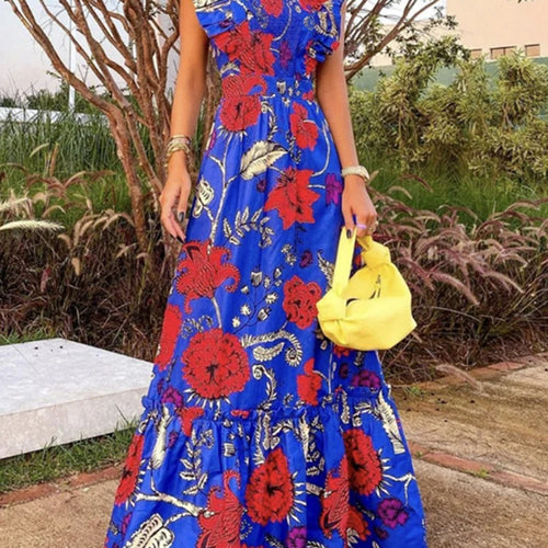 Load image into Gallery viewer, Floral Print Dress For Women Square Collar Raglan Sleeve High Waist Patchwork Ruffle Maxi Dresses Female 2021 Summer Fashion
