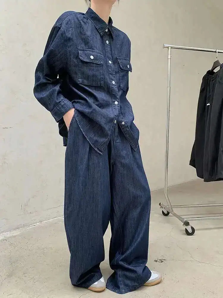 Women Blue Deniim Vintage Big Size Casual Blouse New Lapel Long Sleeve Shirt Fashion Tide Spring Autumn 2025 1DH8350