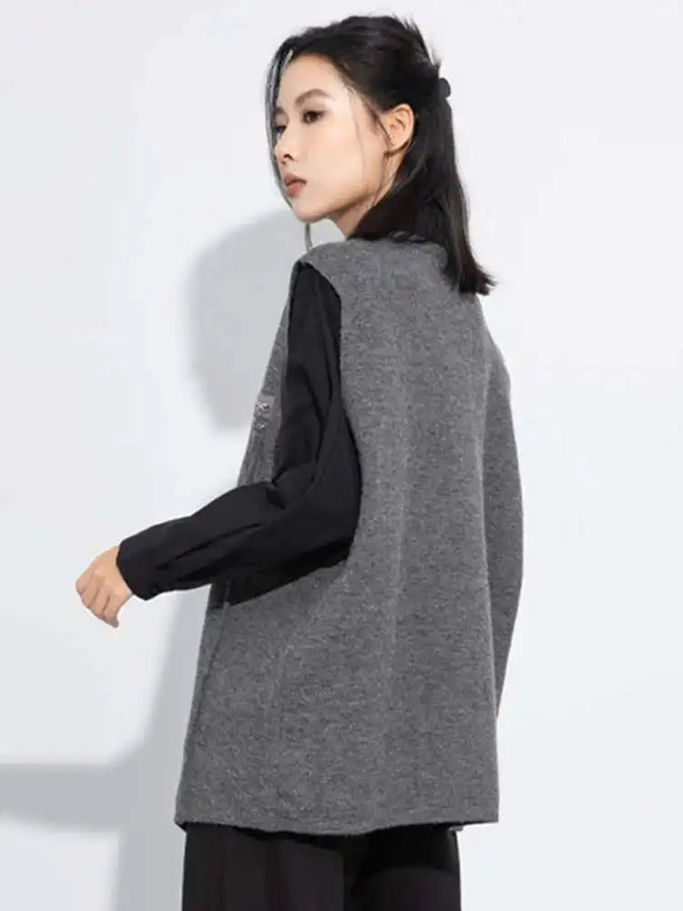 Gray Irregular Slit Big Size Knitting Sweater Round Neck Sleeveless Women Pullovers New Fashion Spring Autumn 2025 1DH7484