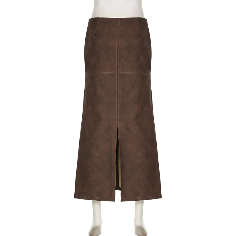 Fashion Brown Elegant Low Rise Leather Skirt Women Streetwear Clubwear Party Long Skirt Slit Autumn Vintage Clothing