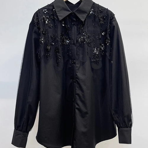 Load image into Gallery viewer, Solid Spliced Diamonds Loose Chic Blouse For Women Lapel Long Sleeve Temperament Shirts Female Fashion Style New
