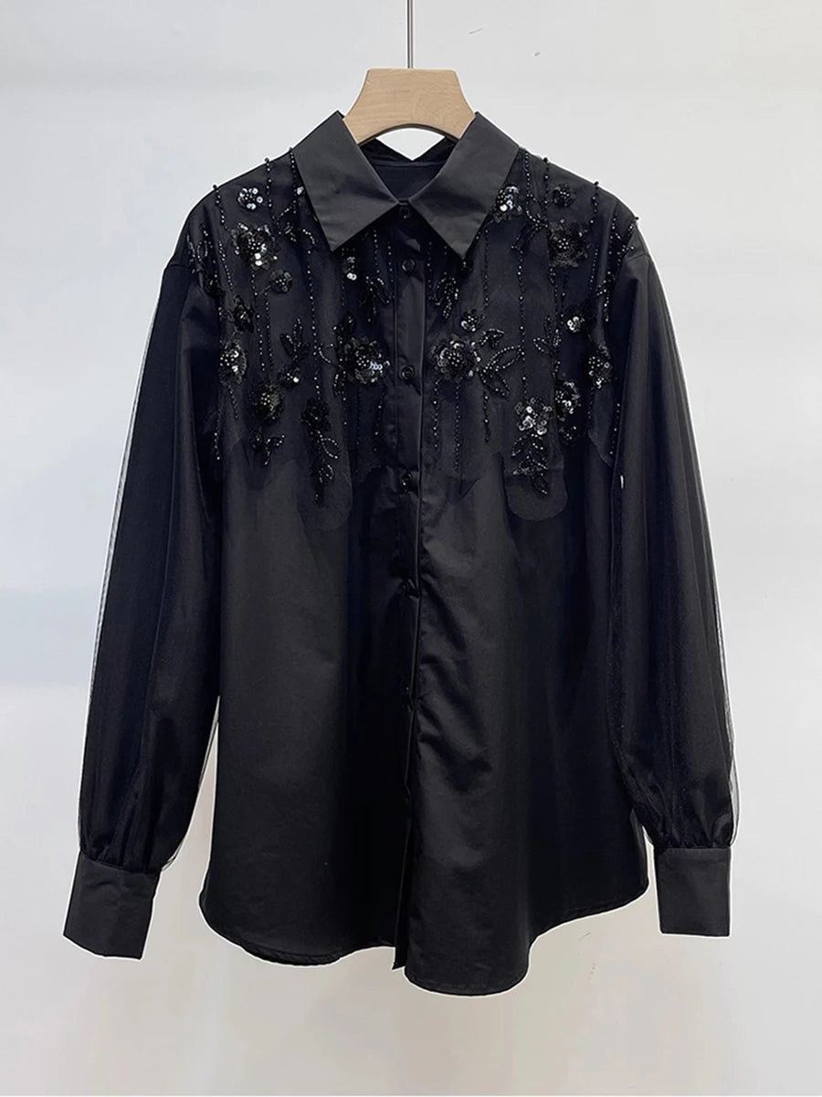 Solid Spliced Diamonds Loose Chic Blouse For Women Lapel Long Sleeve Temperament Shirts Female Fashion Style New