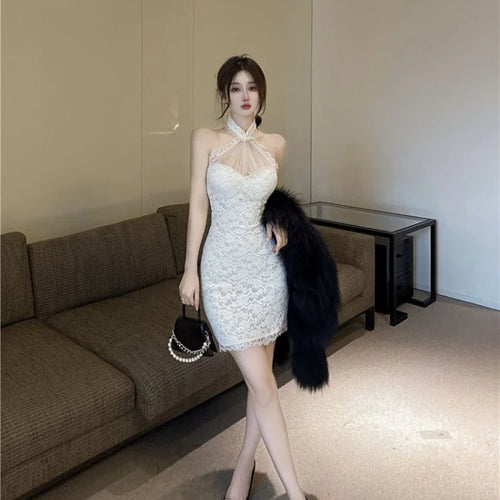 Load image into Gallery viewer, Sexy Lace Halter Dress Vintage Backless Bodycon Wrap Mini Short Dresses Elegant Evening Party Outfits Fashion
