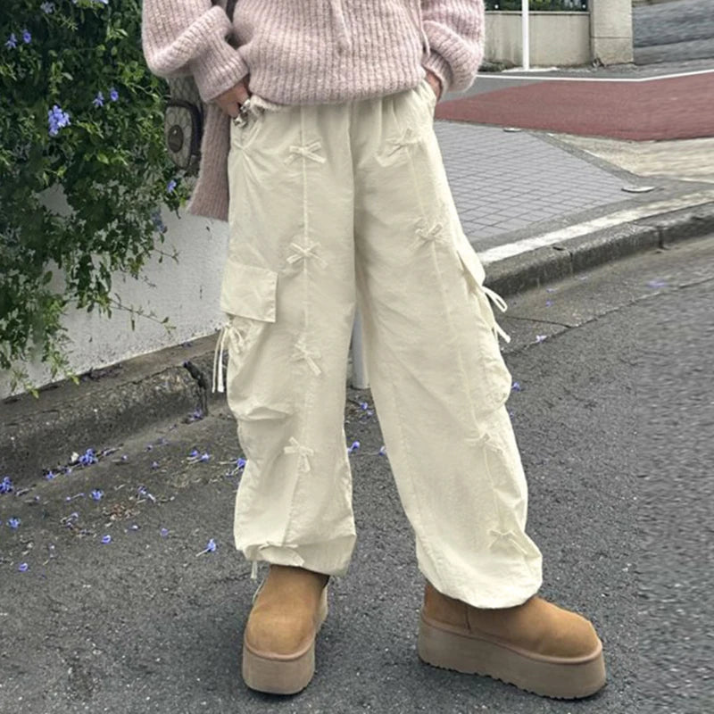 Y2K Harajuku Bow Low Rise Cargo Pants Female Korean Fashion Drawstring Pockets Solid Baggy Trousers Tech Sweatpants