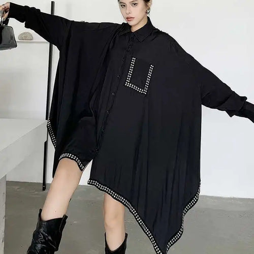 Load image into Gallery viewer, Women Black Irregular Hem Rivet Pocket Big Size Shirt Dress New Lapel Long Sleeve Fashion Tide Spring Autumn 2025 1DH7268
