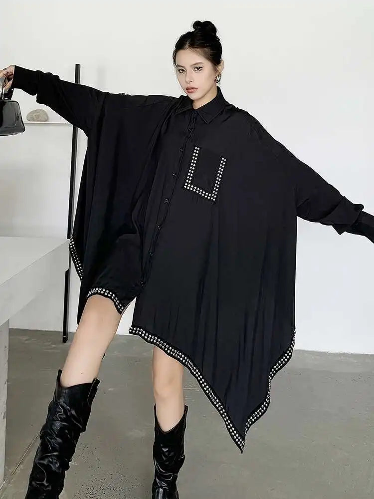 Women Black Irregular Hem Rivet Pocket Big Size Shirt Dress New Lapel Long Sleeve Fashion Tide Spring Autumn 2025 1DH7268