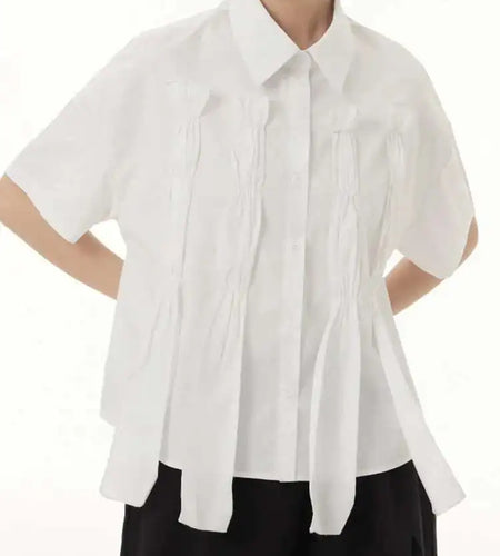 Women White Irregular Pleated Ribbons Big Size Blouse New Lapel Short Sleeve Shirt Fashion Tide Spring Summer 2025 1DH6566