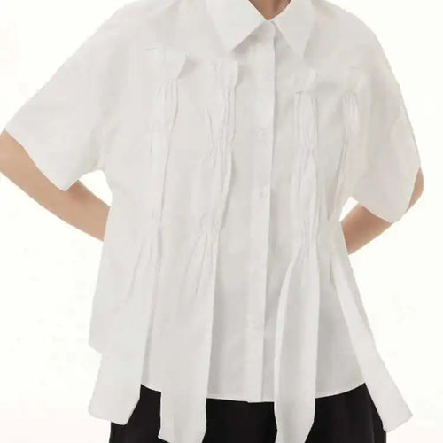 Load image into Gallery viewer, Women White Irregular Pleated Ribbons Big Size Blouse New Lapel Short Sleeve Shirt Fashion Tide Spring Summer 2025 1DH6566
