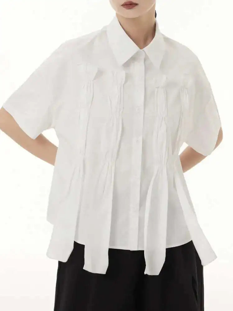 Women White Irregular Pleated Ribbons Big Size Blouse New Lapel Short Sleeve Shirt Fashion Tide Spring Summer 2025 1DH6566