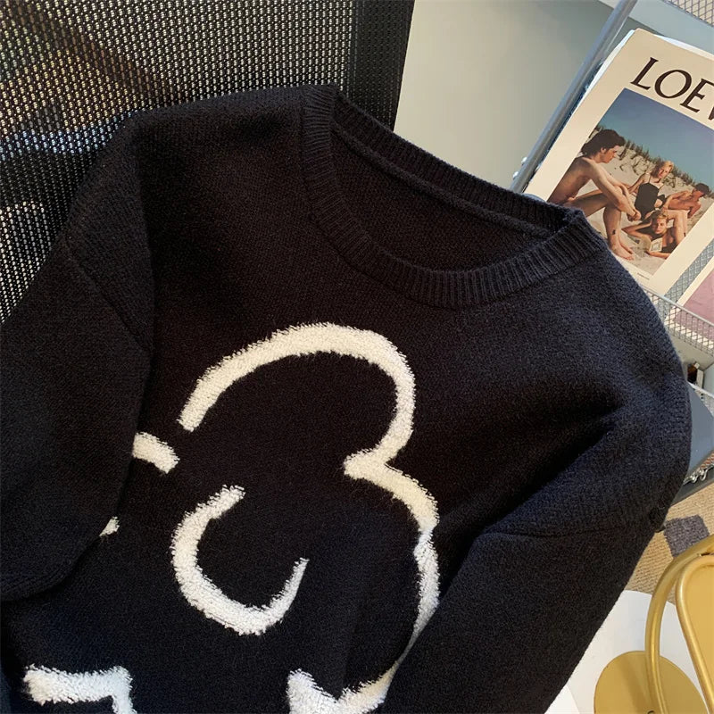 Korean Women's Black White Patchwork Long Sleeve Round Neck Sweater Autumn Winter Loose Elegant Knitted Pullover Top Thick Trend