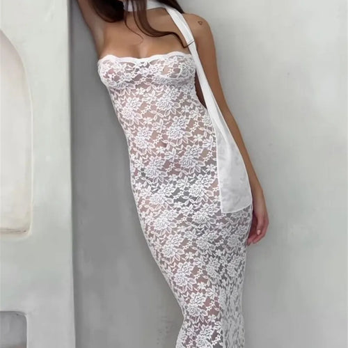 Load image into Gallery viewer, Lace See Through Sexy Midi Dress For Women Fashion Off-shoulder Strapless Sleeveless Backless Bodycon Club Party Dress
