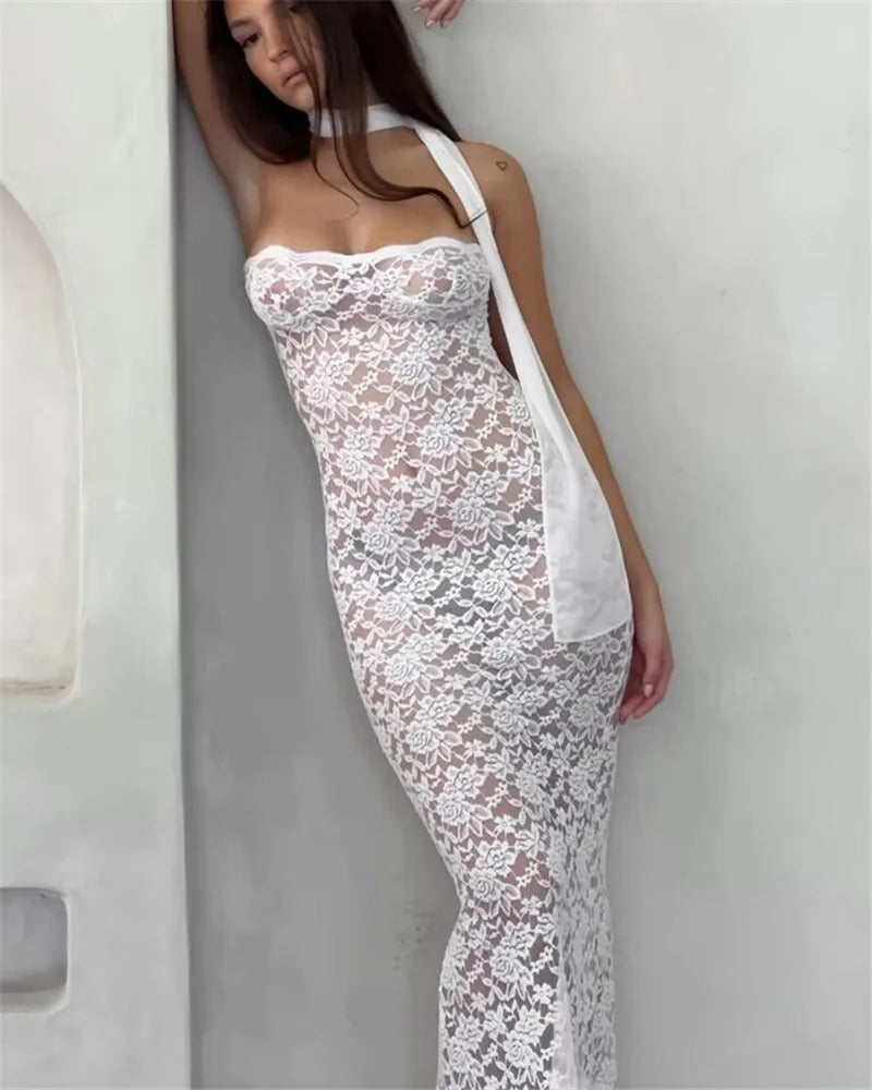 Lace See Through Sexy Midi Dress For Women Fashion Off-shoulder Strapless Sleeveless Backless Bodycon Club Party Dress