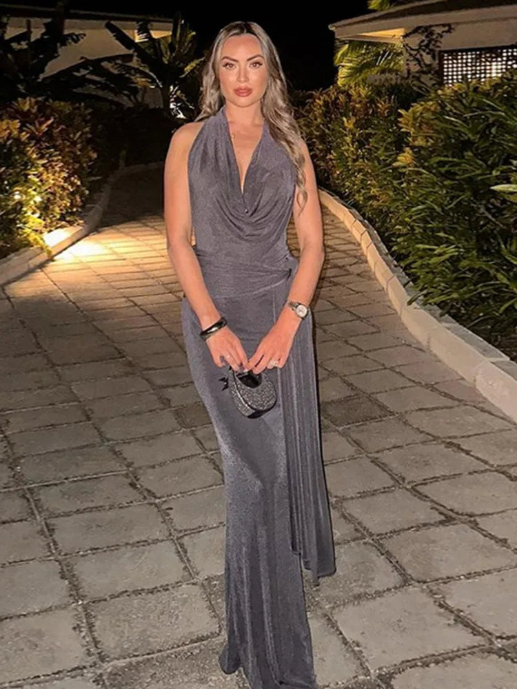 Deep V Neck Backless Sexy Maxi Dress For Women Elegant Hollow Out Bandage Sleeveless Bodycon Club Long Dress Fashion