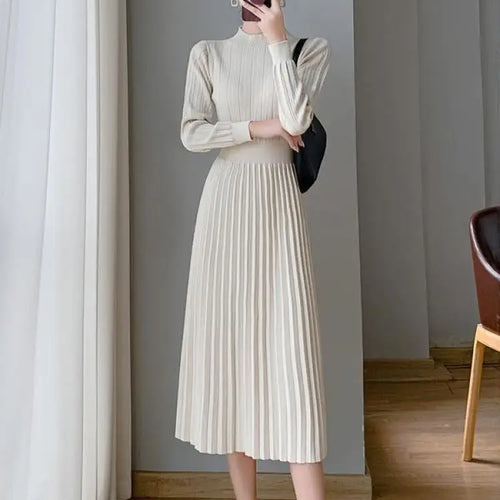 Load image into Gallery viewer, Autumn Lady Fashion Black Half High Collar Knit Long Dress White Temperament Long Sleeve Elegant Ladies Pink Evening Party Dress
