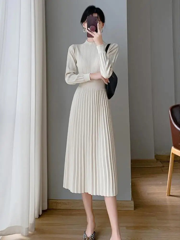 Autumn Lady Fashion Black Half High Collar Knit Long Dress White Temperament Long Sleeve Elegant Ladies Pink Evening Party Dress