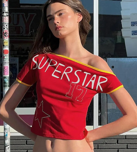 Inclined Shoulder T-Shirt Woman Summer Short Sleeve Letter Print Diamonds Comfort Casual Wild Streetwear Skinny Crop Tops