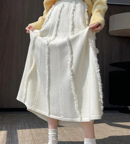 Korean Fashion Black White Tassel Elegant Skirts Women Autumn Winter New Khaki Twists Slim High Waist Knitted Pleated Long Skirt