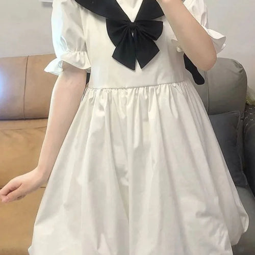 Load image into Gallery viewer, Japanese Sweet Kawaii Lolita White Dress Women Preppy Style School Tudent Sailor Collar Cute Cartoon Print Dresses
