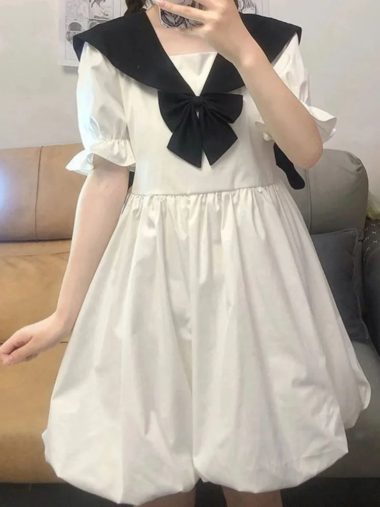 Japanese Sweet Kawaii Lolita White Dress Women Preppy Style School Tudent Sailor Collar Cute Cartoon Print Dresses