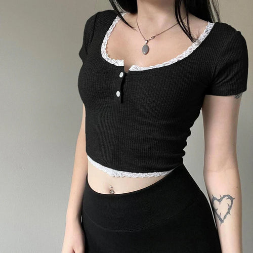 Load image into Gallery viewer, Korean Fashion Lace Spliced Skinny Crop Top Female Buttons Basic Y2K Knit Summer T shirt Kawaii Japanese Y2K Outfits
