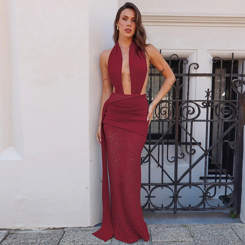 Halter Deep V Neck Sexy Maxi Dress For Women Elegant Fashion Lace Sleeveless Backless Ruched Bodycon Club Long Dress