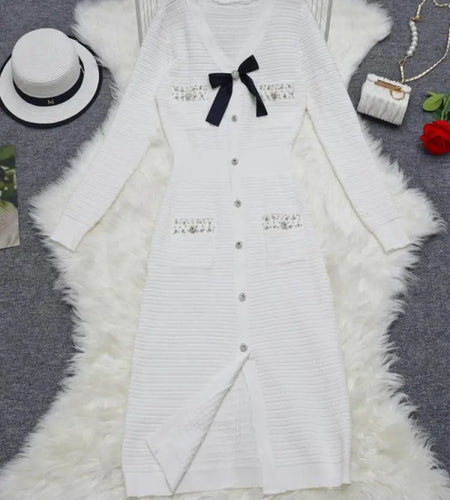 Korean Women Black White Elegant Diamond Bow Knit Dress Autumn Green Slim V Neck Office Long Sleeved High Waist Split Dress Chic