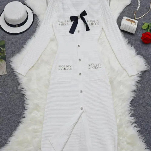 Load image into Gallery viewer, Korean Women Black White Elegant Diamond Bow Knit Dress Autumn Green Slim V Neck Office Long Sleeved High Waist Split Dress Chic
