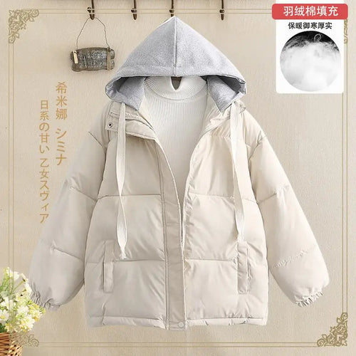 Load image into Gallery viewer, Women Autumn Winter Patchwork Long Sleeve Short Down Cotton Jacket Korean Version Elegant Hooded Bread Coat Casual Trend Fashion
